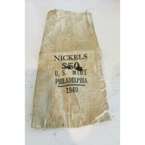 Vintage 1940 U.S. Mint Philadelphia 50 Nickels Canvas Coin Bag Jefferson Nickel